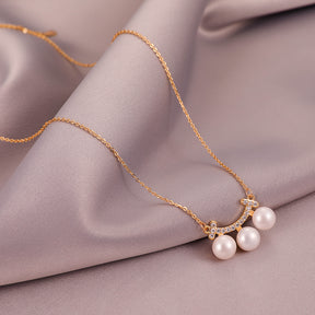 Athena - 18K Delicate Bejeweled Geometric Curved Natural Pearls Stud Earrings & Necklace Jewelry Set