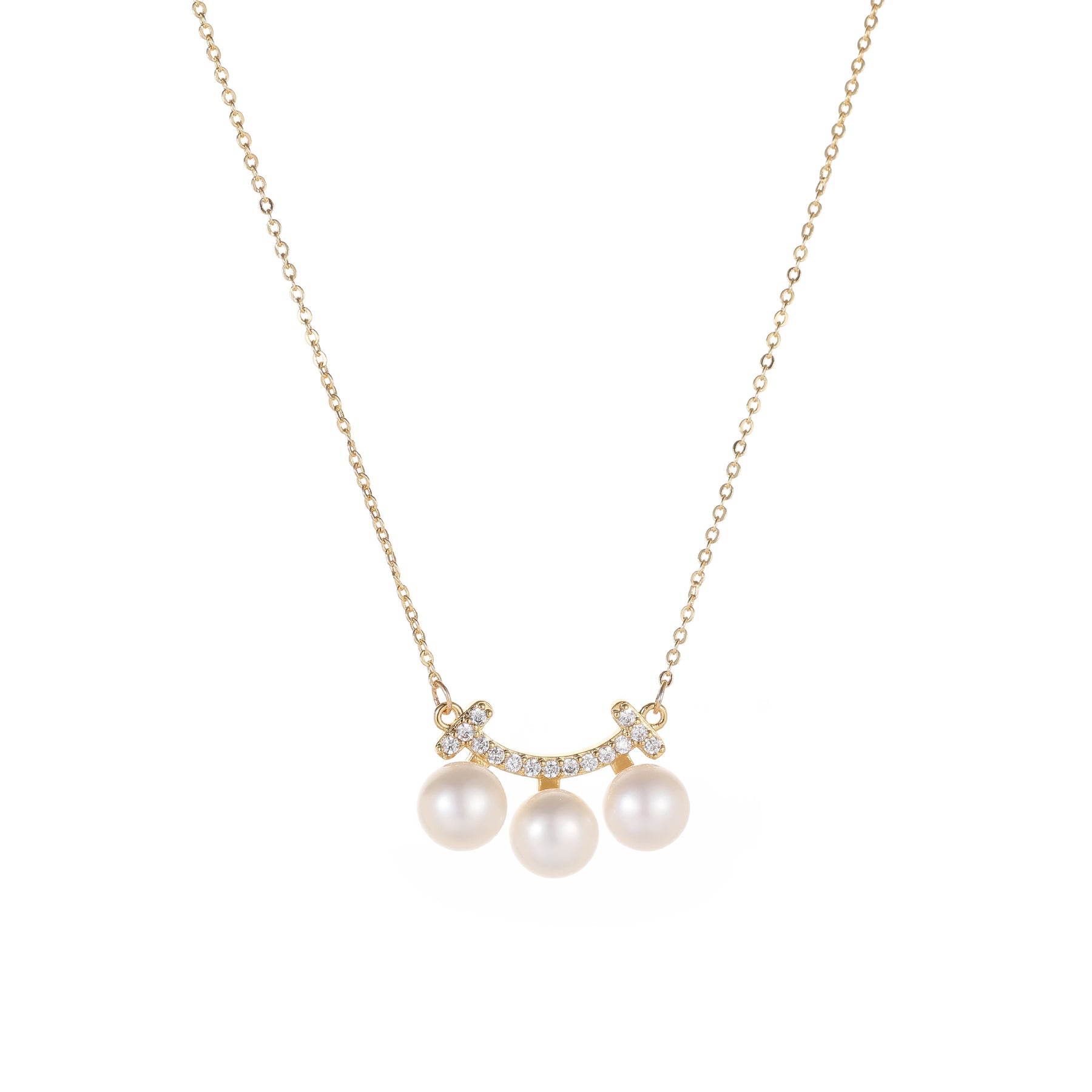 Athena - 18K Delicate Bejeweled Geometric Curved Natural Pearls Stud Earrings & Necklace Jewelry Set