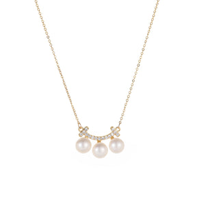 Athena - 18K Delicate Bejeweled Geometric Curved Natural Pearls Stud Earrings & Necklace Jewelry Set