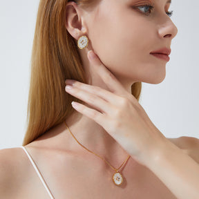 Ethereal Lumière - Natural Mother-of-Pearl & Zircon Stud Earrings & Necklace Jewelry Set