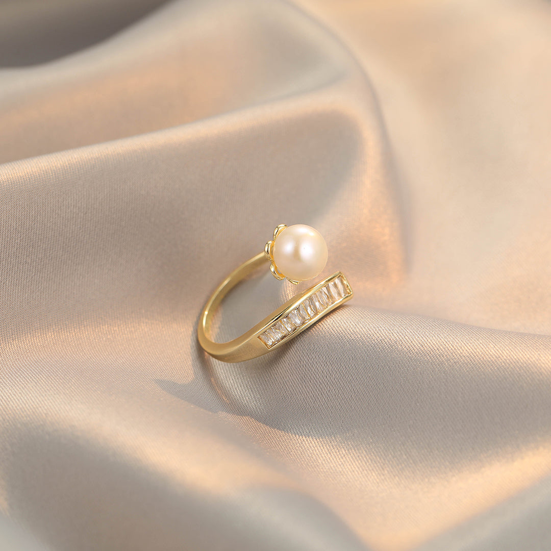 Cynthia - 14K Bejeweled Natural Pearl Ring