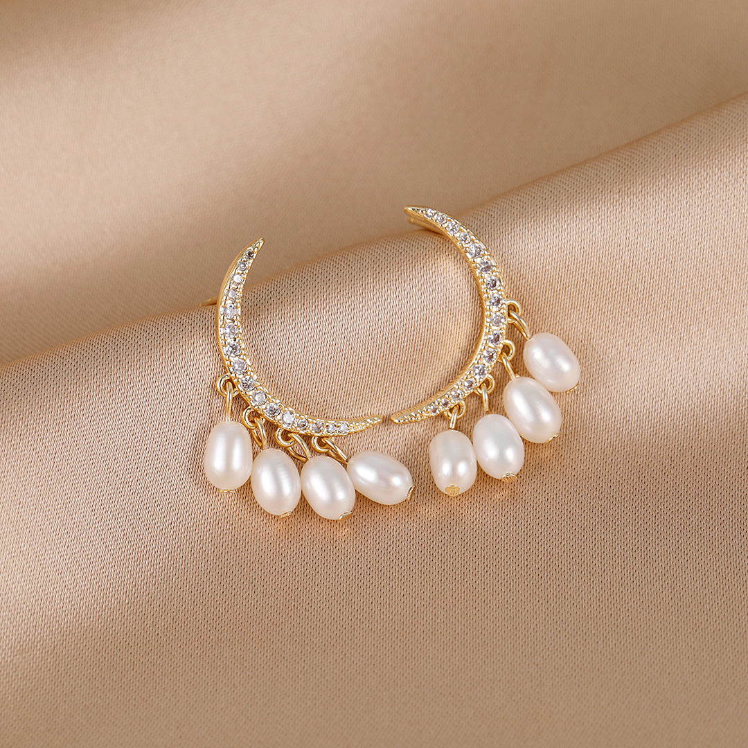 Diana - 18K Bejeweled Crescent Moon Natural Pearls Earrings