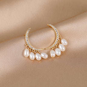 Diana - 18K Bejeweled Crescent Moon Natural Pearls Earrings