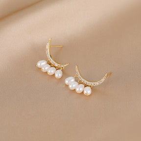 Diana - 18K Bejeweled Crescent Moon Natural Pearls Earrings