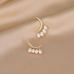 Diana - 18K Bejeweled Crescent Moon Natural Pearls Earrings