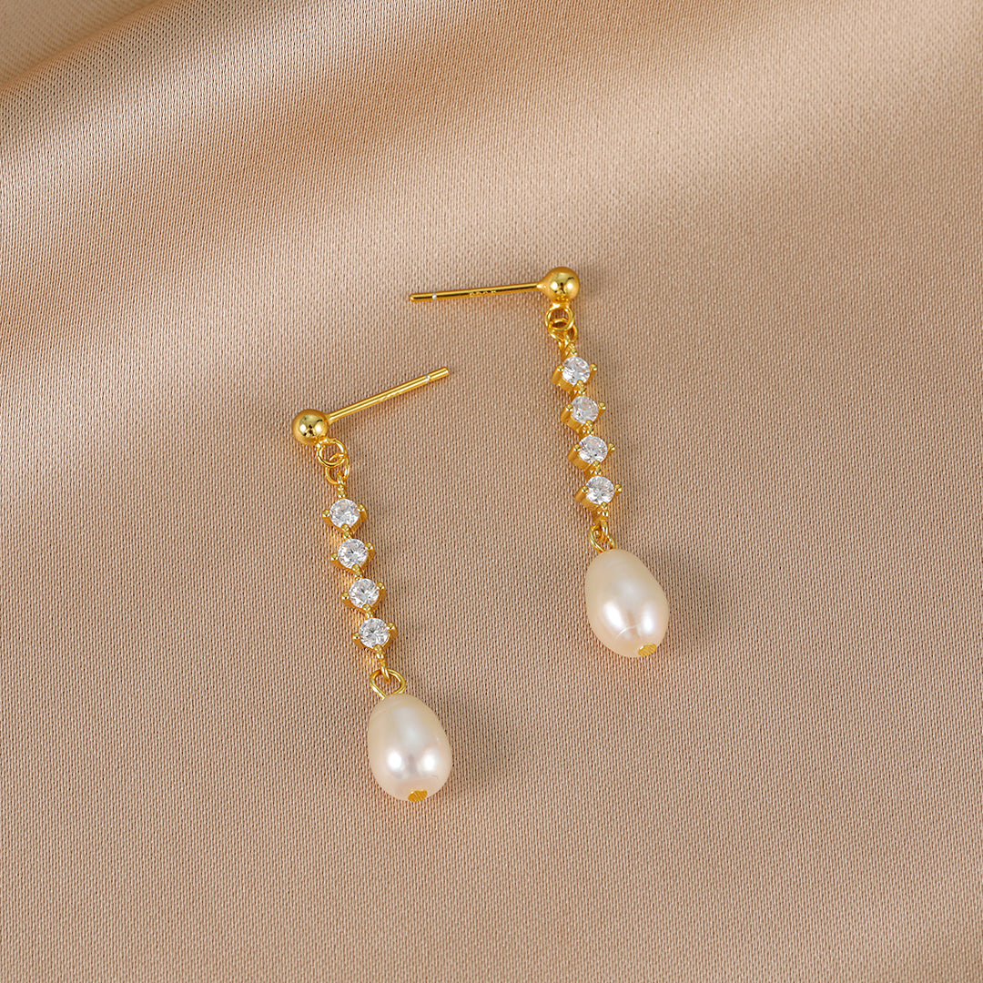 Elaine - 18K Bejeweled Shiny Teardrop Natural Pearl Ear Danglers Drop Earrings