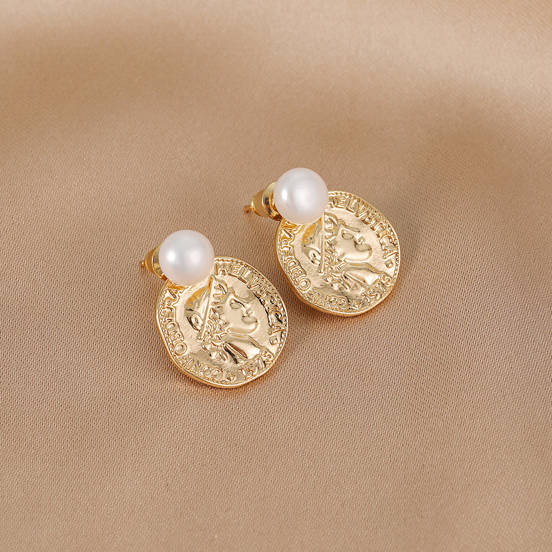 Ramona - Pendientes Elegantes de Perlas Naturales de 18K con Monedas