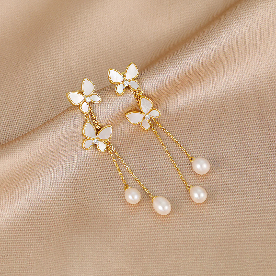 Ella - 18K Romantic Natural Pearls & Mother-of-Pearl Butterfly Ear Danglers Earrings Tassels