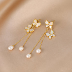 Ella - 18K Romantic Natural Pearls & Mother-of-Pearl Butterfly Ear Danglers Earrings Tassels