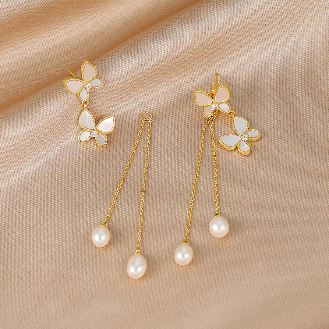 Ella - 18K Romantic Natural Pearls & Mother-of-Pearl Butterfly Ear Danglers Earrings Tassels