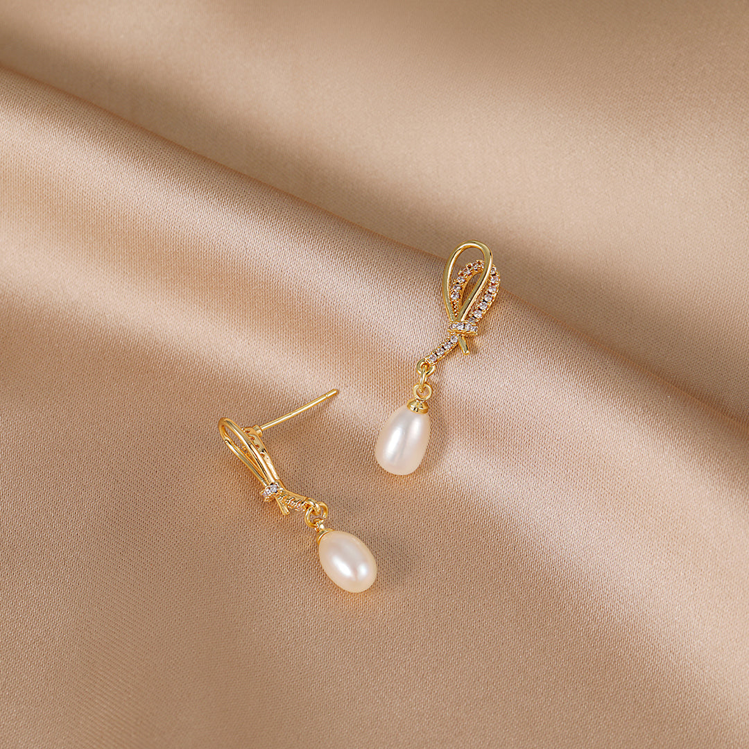 Kirsten - 18K Bejeweled Trendy Natural Pearl Drop Earrings