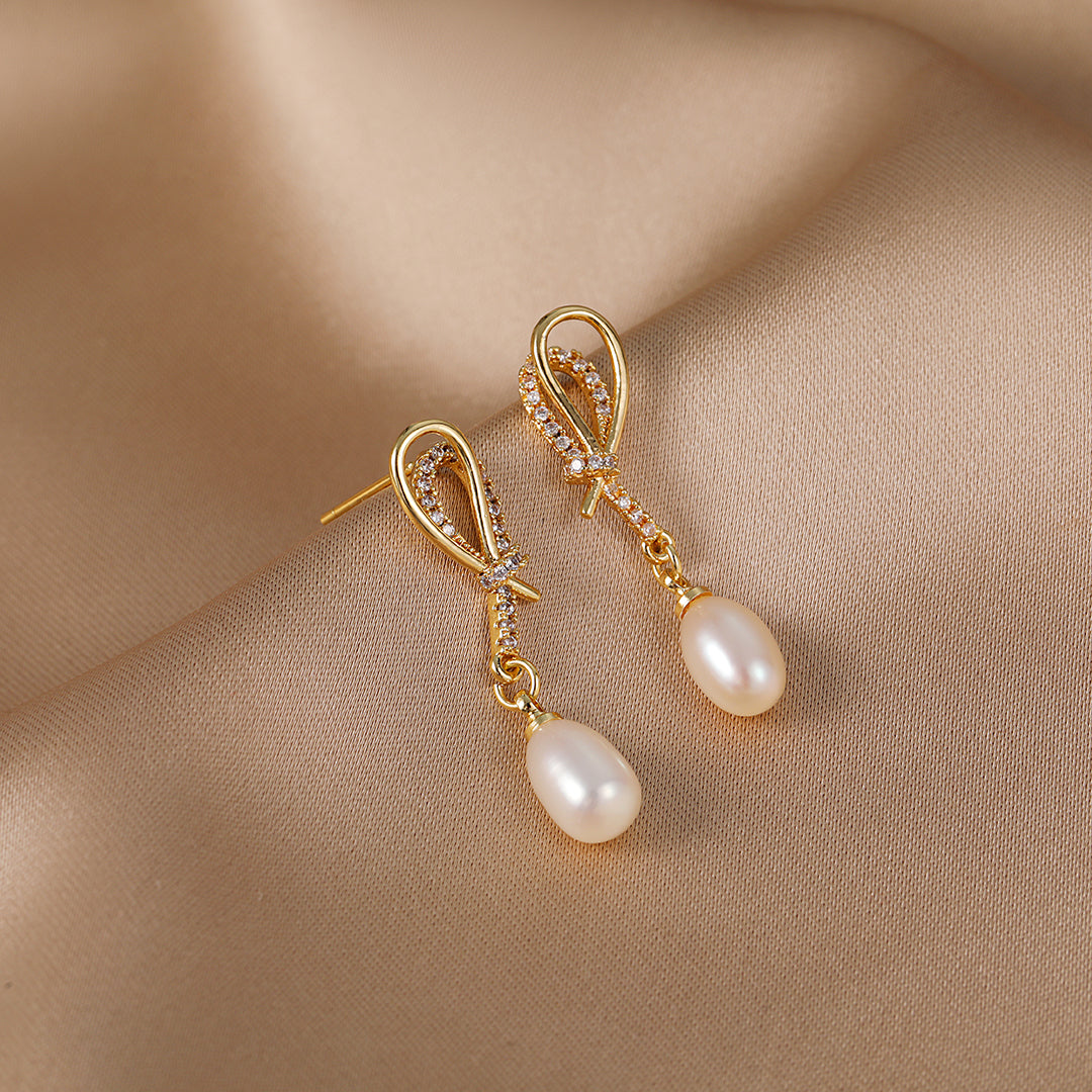 Kirsten - 18K Bejeweled Trendy Natural Pearl Drop Earrings