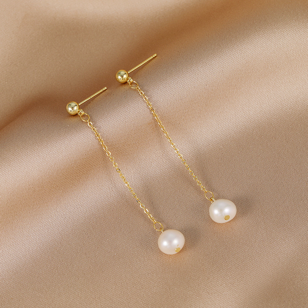 Eva - 18K Classic Long Chain Natural Pearl Drop Ear Danglers Earrings