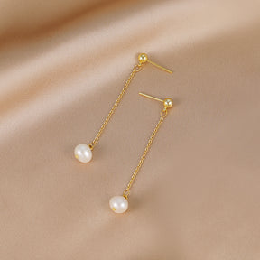 Eva - 18K Classic Long Chain Natural Pearl Drop Ear Danglers Earrings