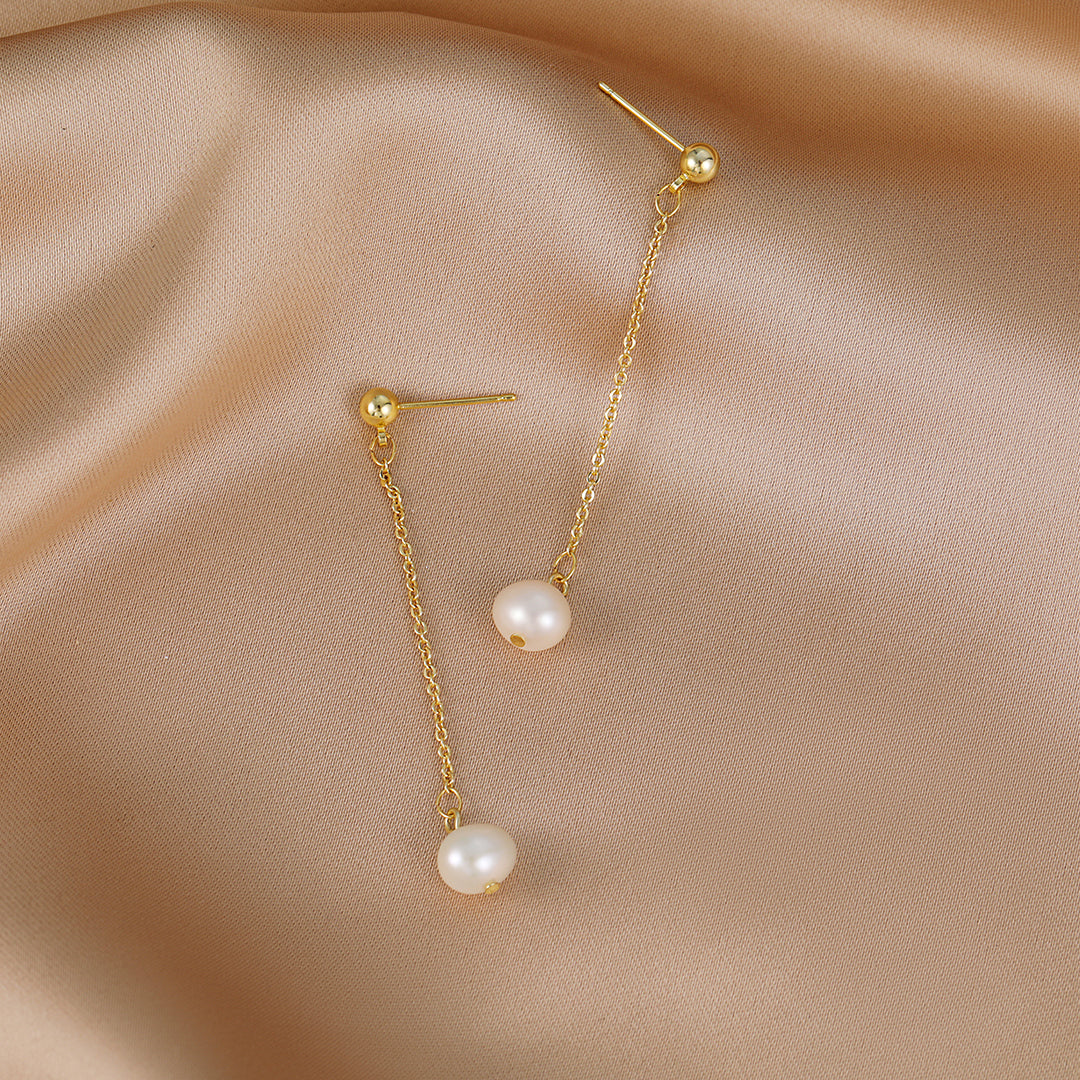 Eva - 18K Classic Long Chain Natural Pearl Drop Ear Danglers Earrings