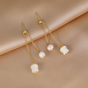 Lilac - 18K Orchid Long Chain Natural Pearl & Mother-of-Pearl Ear Danglers Earrings