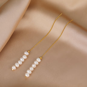 Rae - 18K Classy Long Chain Natural Pearls Beaded Ear Danglers Earrings