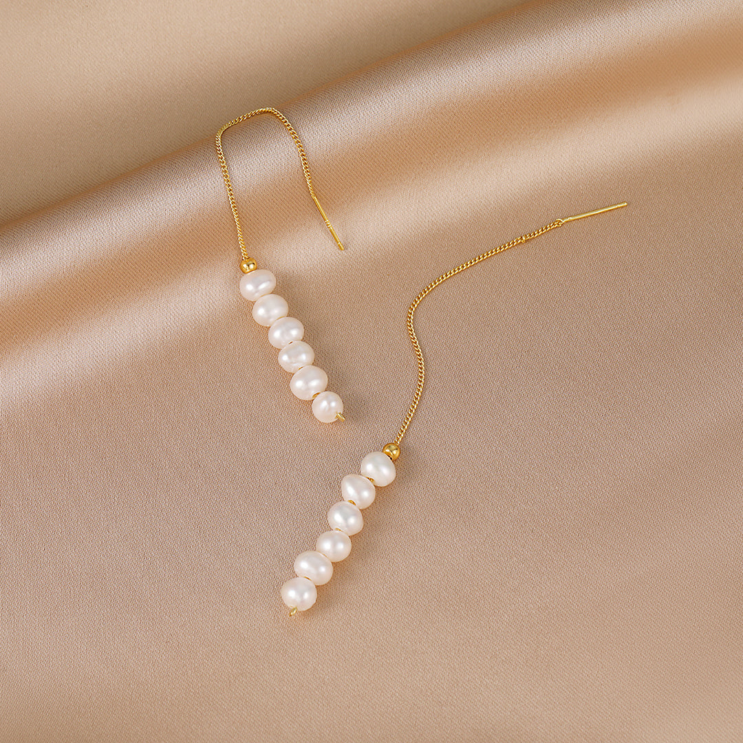 Rae - 18K Classy Long Chain Natural Pearls Beaded Ear Danglers Earrings