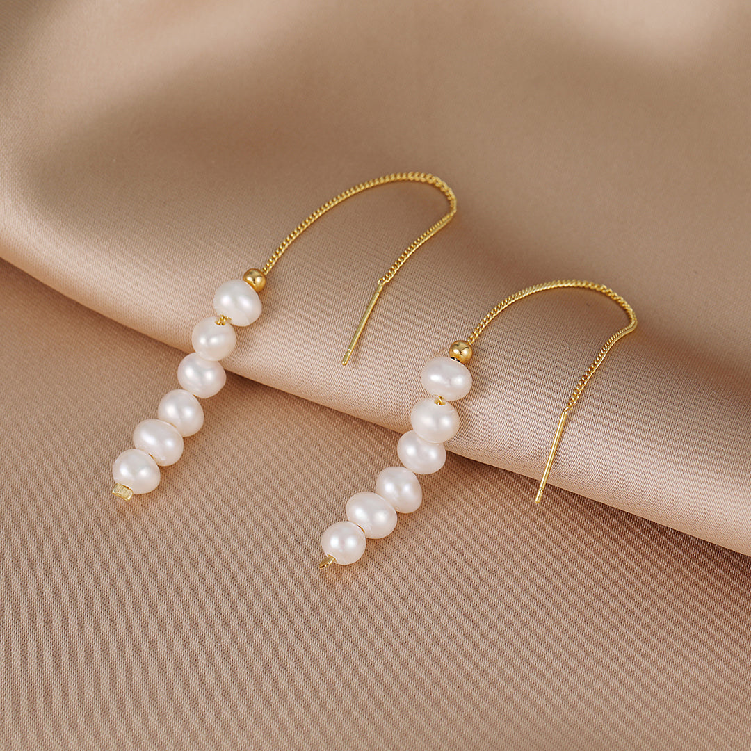 Rae - 18K Classy Long Chain Natural Pearls Beaded Ear Danglers Earrings