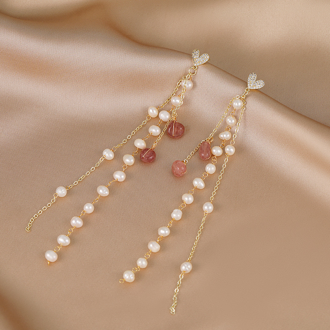 Doux - 18K Bejeweled Romantic Natural Pearls Long Ear Danglers Drop Earrings Tassels