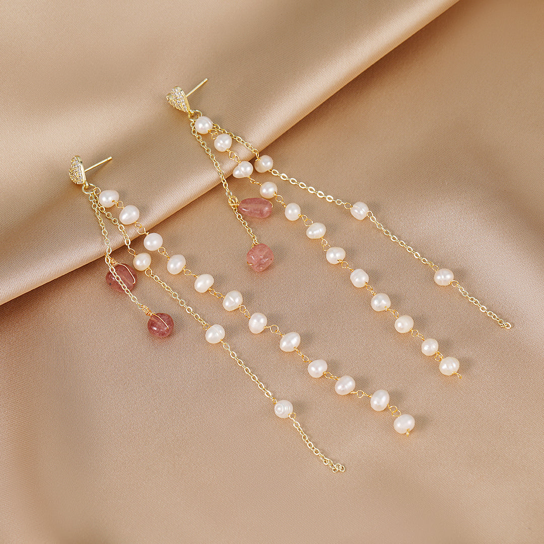 Doux - 18K Bejeweled Romantic Natural Pearls Long Ear Danglers Drop Earrings Tassels