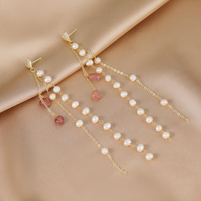 Doux - 18K Bejeweled Romantic Natural Pearls Long Ear Danglers Drop Earrings Tassels