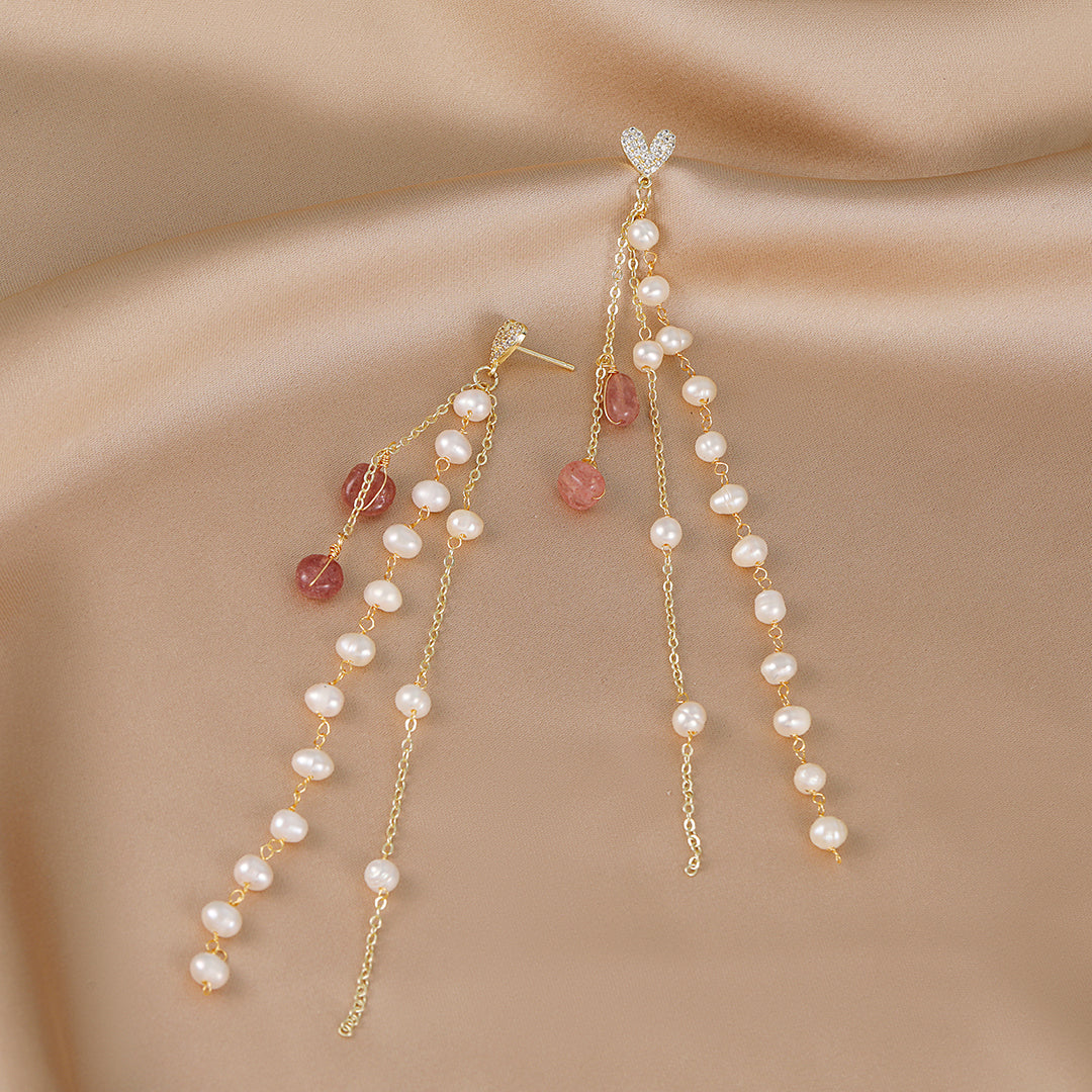 Doux - 18K Bejeweled Romantic Natural Pearls Long Ear Danglers Drop Earrings Tassels