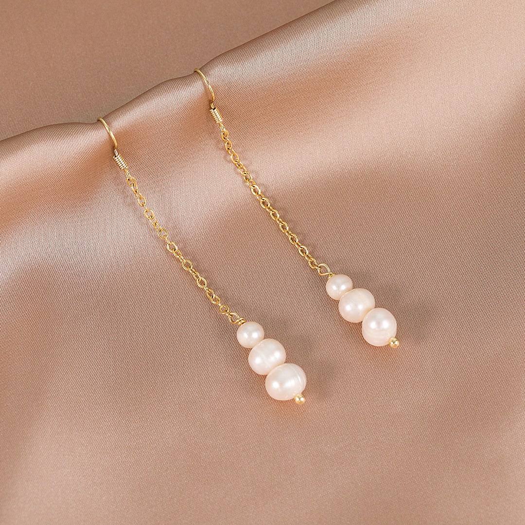 Mia - 18K Triple Natural Pearls Drop Long Ear Danglers Earrings