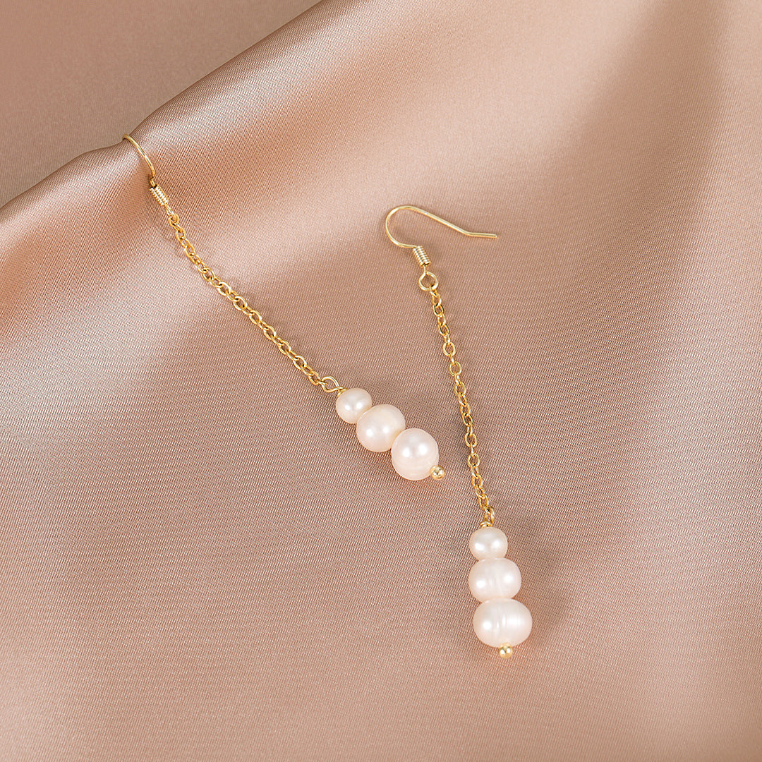 Mia - 18K Triple Natural Pearls Drop Long Ear Danglers Earrings