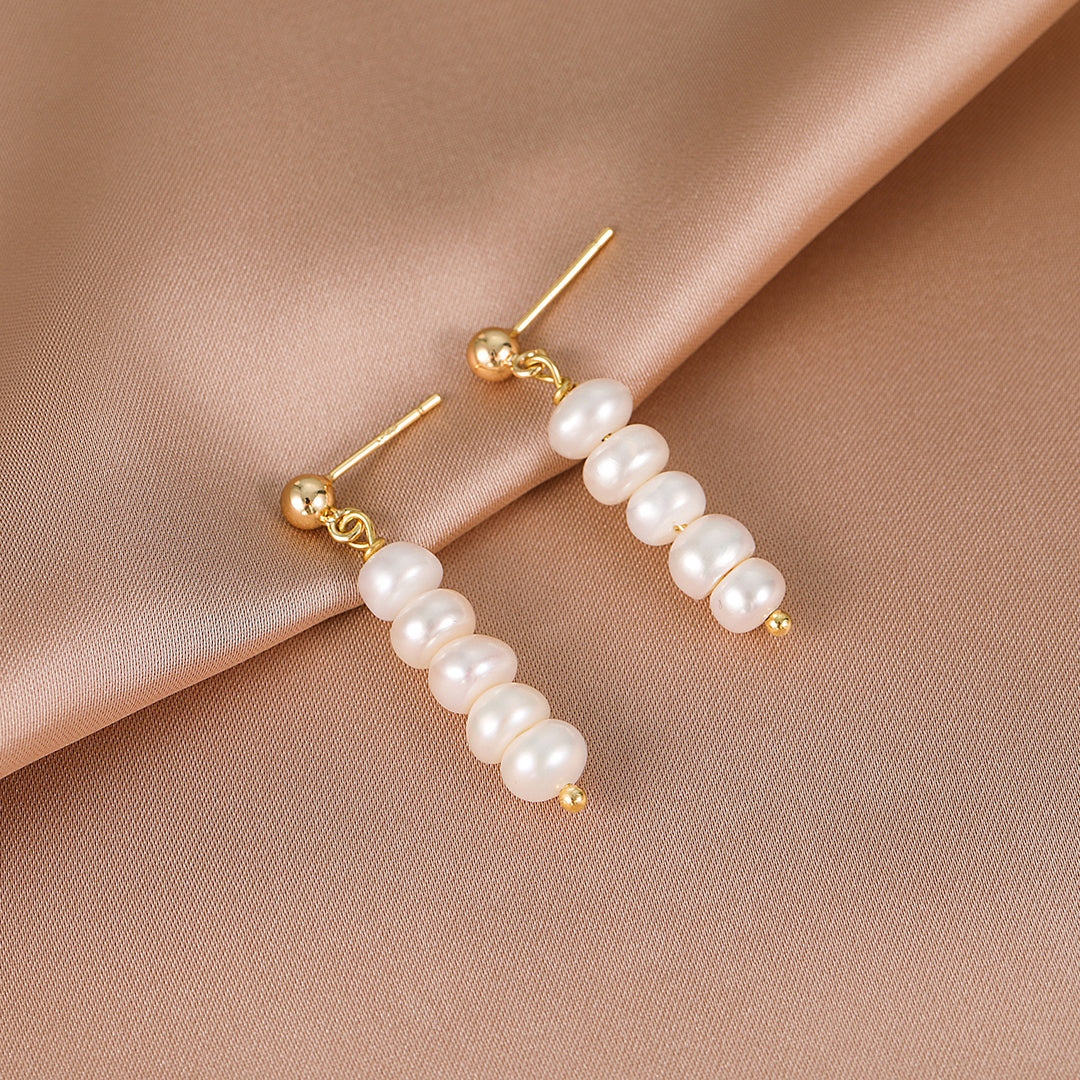 Heather - 18K Classy Beaded Natural Pearl Drop Earrings