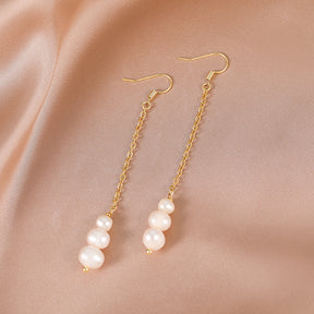 Mia - 18K Triple Natural Pearls Drop Long Ear Danglers Earrings