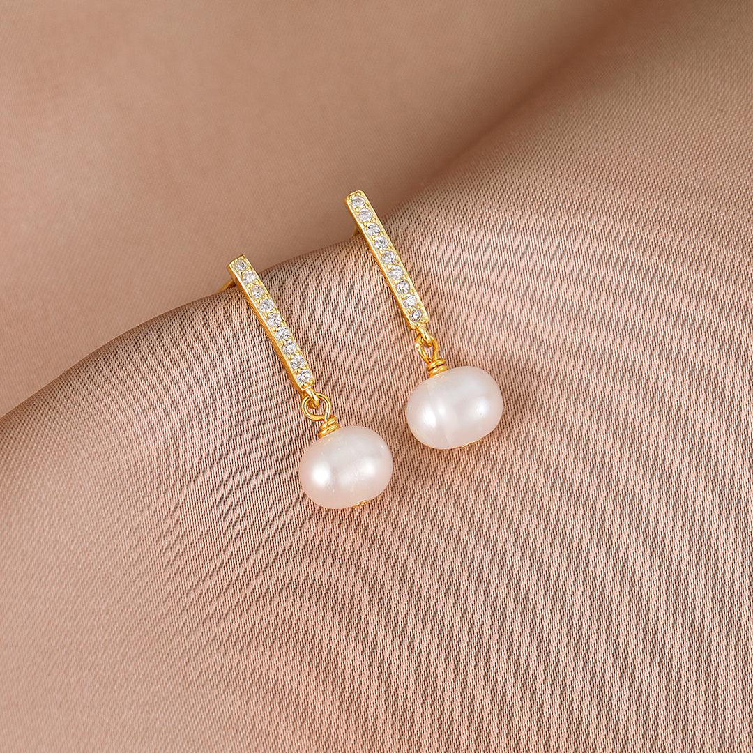 Odette - 18K Delicate Bejeweled Natural Pearl Drop Earrings