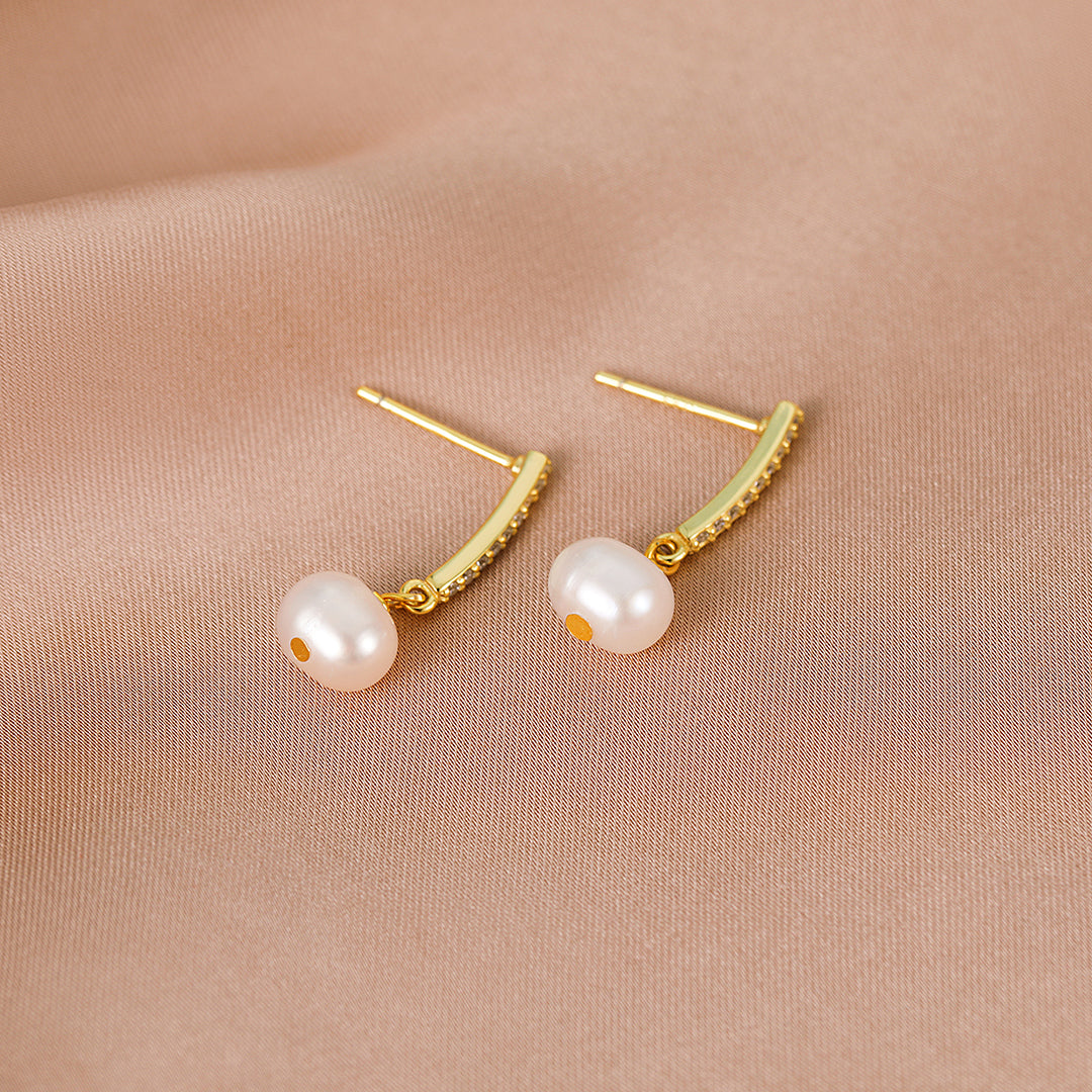 Odette - 18K Delicate Bejeweled Natural Pearl Drop Earrings