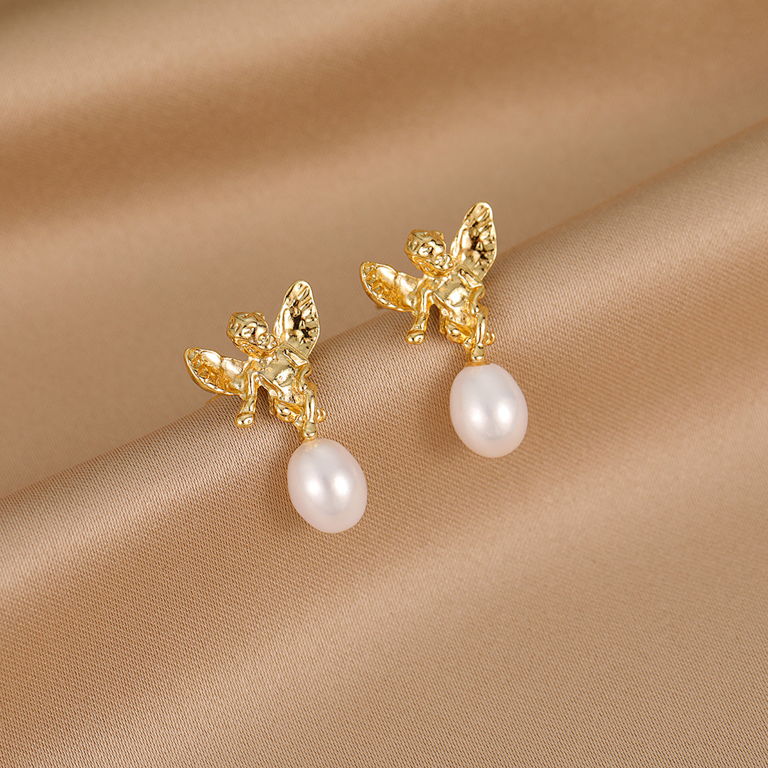 Angeline - 18K Stunning Guardian Angel Natural Pearl Stud Earrings