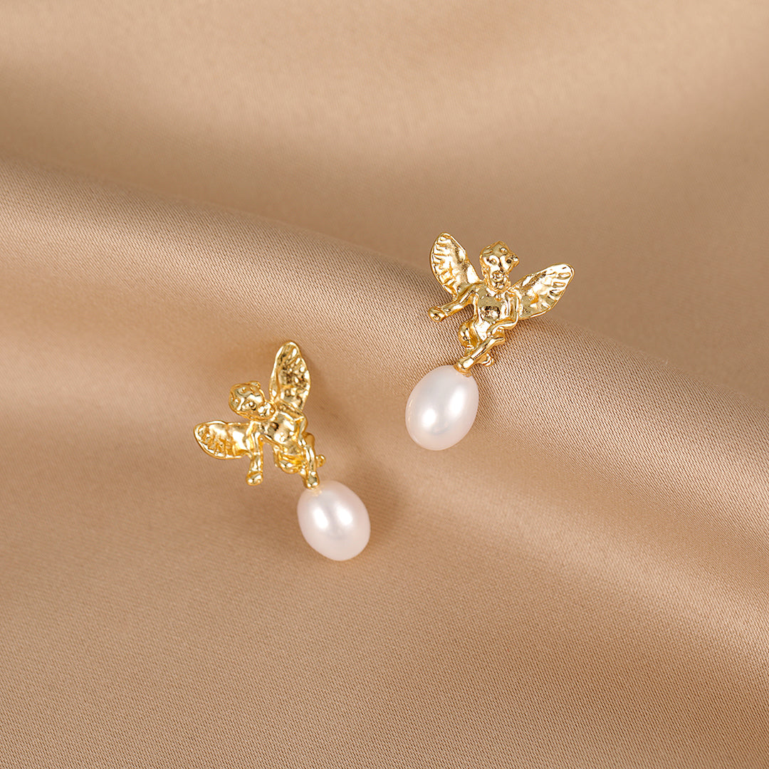 Angeline - 18K Stunning Guardian Angel Natural Pearl Stud Earrings