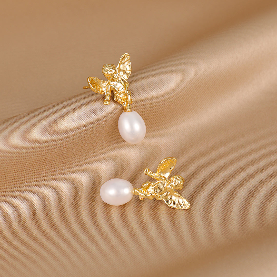 Angeline - 18K Stunning Guardian Angel Natural Pearl Stud Earrings