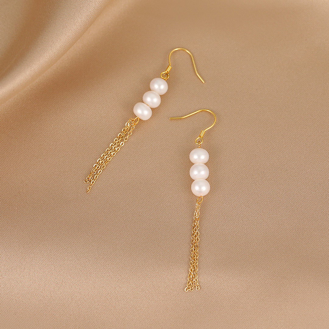 Hadley - 18K Natural Pearl Ear Danglers Earrings with Long Tassel