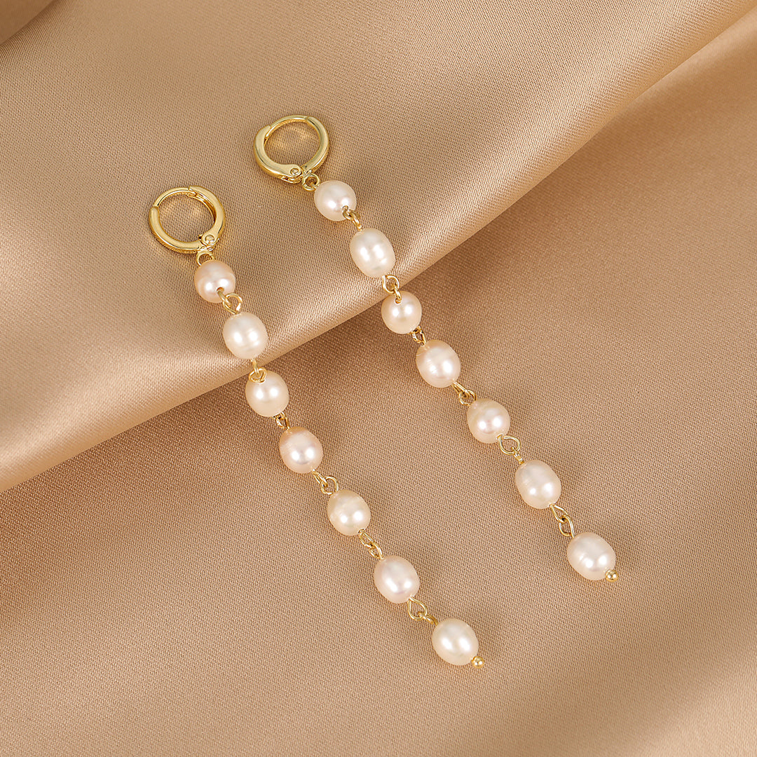 Alice - 18K Classic Natural Pearls Long Ear Danglers Earrings with Cuffs