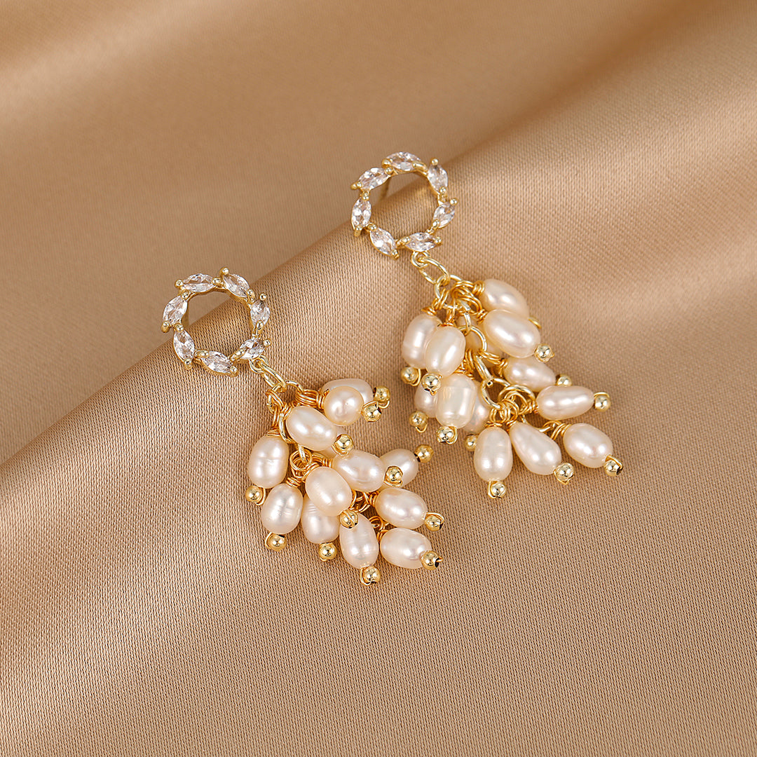 August - 18K Romantic Wreath-shaped Top Natural Pearls Cluster Ear Danglers Drop Earrings