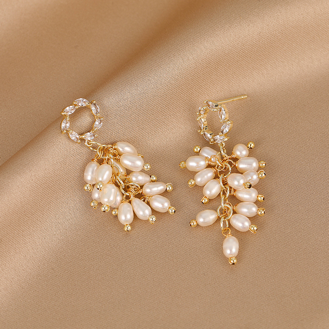 August - 18K Romantic Wreath-shaped Top Natural Pearls Cluster Ear Danglers Drop Earrings