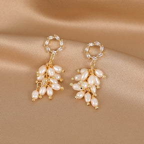 August - 18K Romantic Wreath-shaped Top Natural Pearls Cluster Ear Danglers Drop Earrings