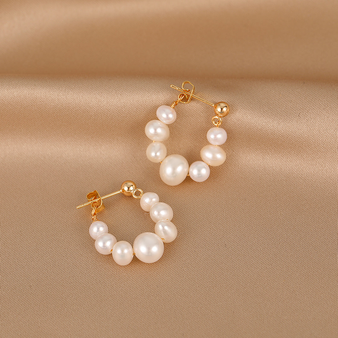 Mabel - 18K Classy Natural Pearls Beaded Hoop Earrings