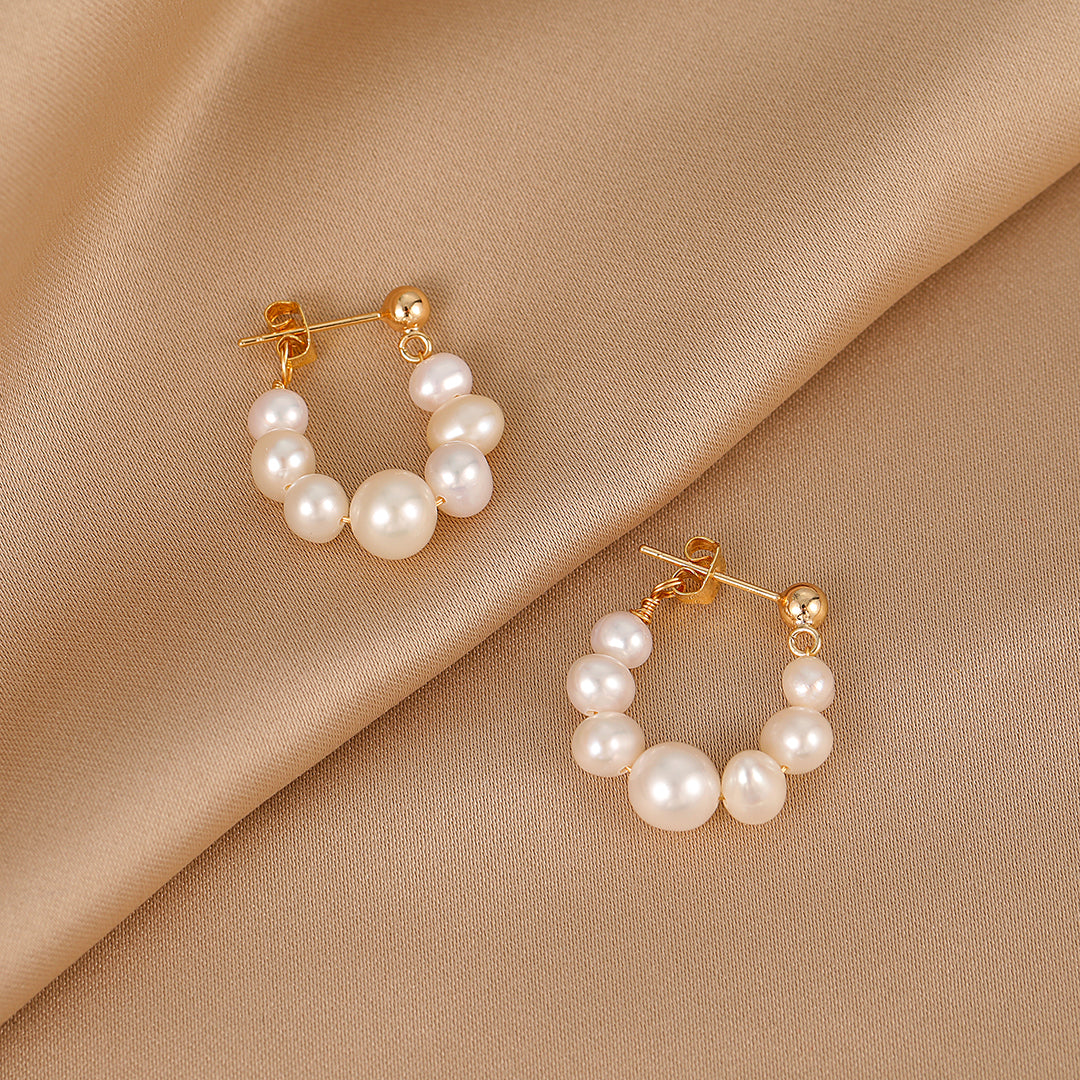 Mabel - 18K Classy Natural Pearls Beaded Hoop Earrings