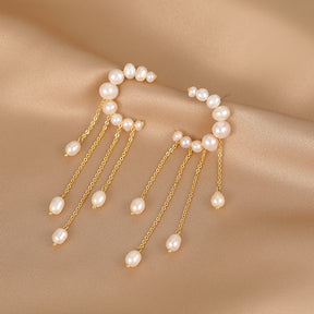 Beatrice - 18K Romantic Moon Tassels Natural Pearls Ear Danglers Earrings