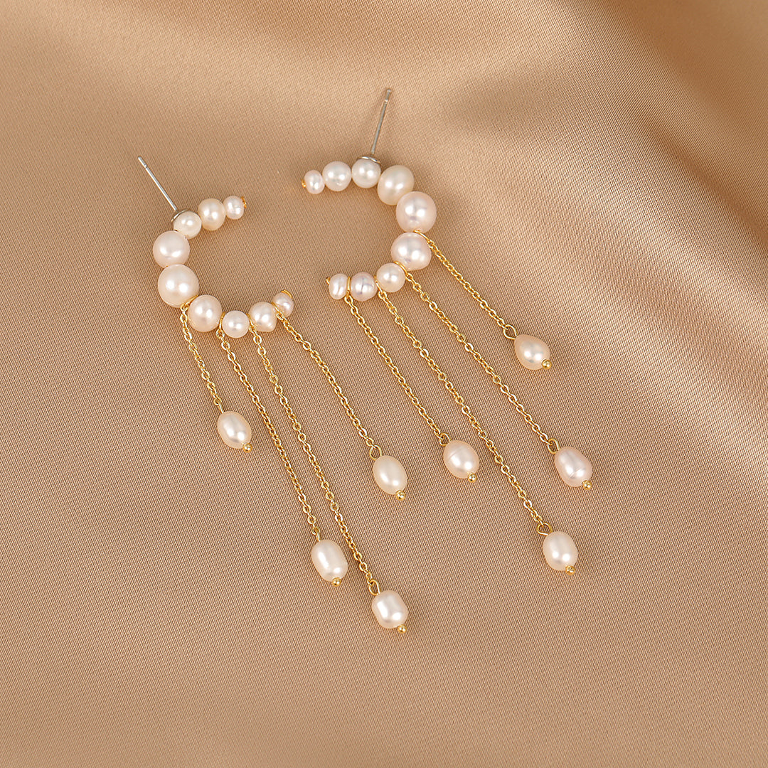 Beatrice - 18K Romantic Moon Tassels Natural Pearls Ear Danglers Earrings