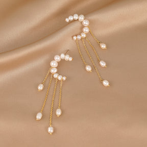 Beatrice - 18K Romantic Moon Tassels Natural Pearls Ear Danglers Earrings