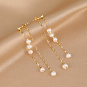 Rain - 18K Tassel-shaped Natural Pearls Long Ear Danglers Earrings