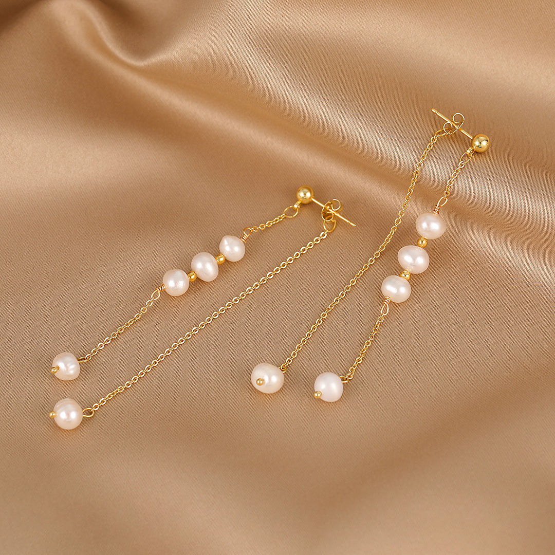 Rain - 18K Tassel-shaped Natural Pearls Long Ear Danglers Earrings