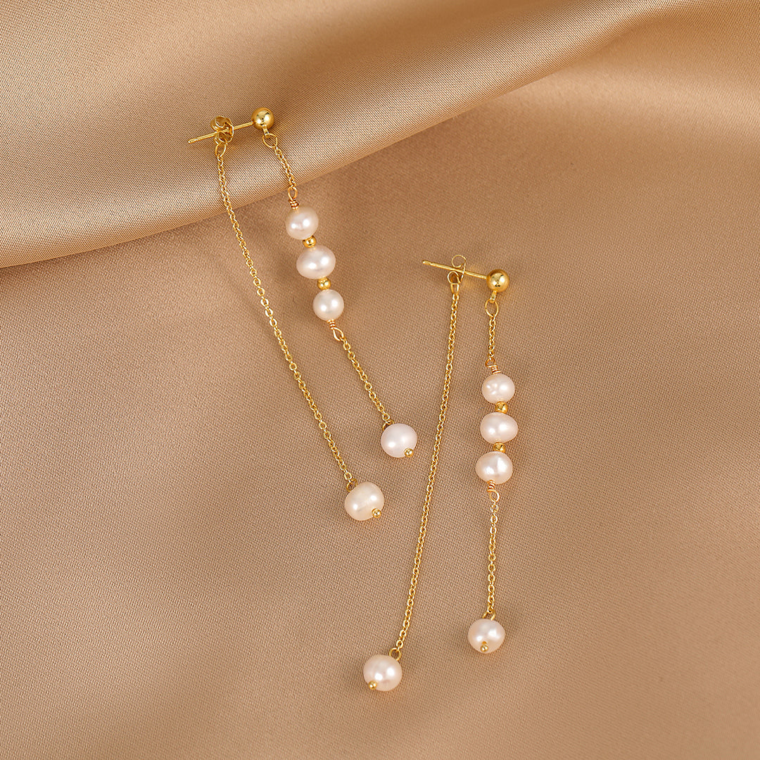 Rain - 18K Tassel-shaped Natural Pearls Long Ear Danglers Earrings