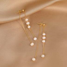 Rain - 18K Tassel-shaped Natural Pearls Long Ear Danglers Earrings